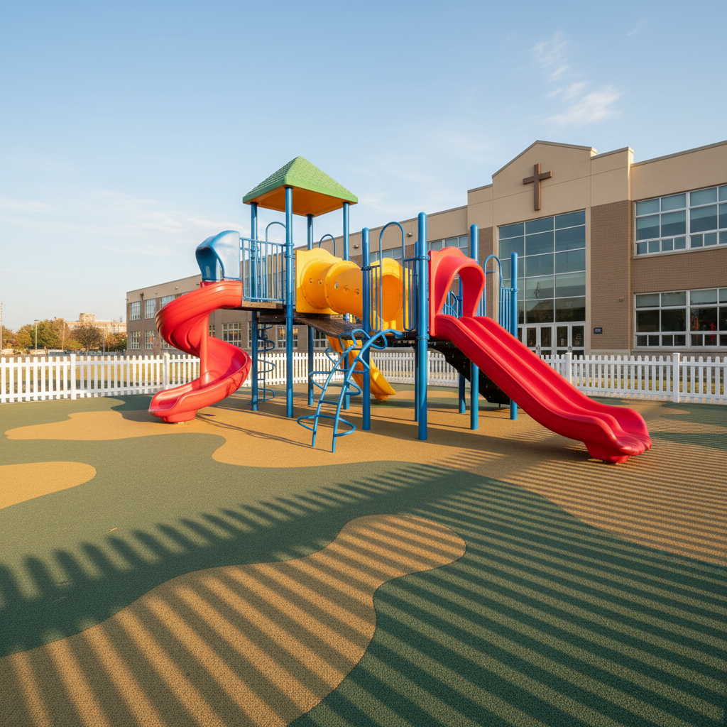 A colorful outdoor playground on the campus of an international Christian school, completely empty of children, featuring a sturdy multi-level play structure with bright red slides, blue climbing bars, and yellow platforms. Surrounding it is a soft, rubberized safety surface in muted green and tan tones, bordered by a low white fence. In the background, a well-kept school building with large windows and a subtle cross on its facade sits beneath a clear sky. Warm, late-afternoon sunlight creates long, gentle shadows from the play equipment, captured in photographic realism from a low, slightly tilted angle to emphasize energy and fun in a wholesome, safe environment.