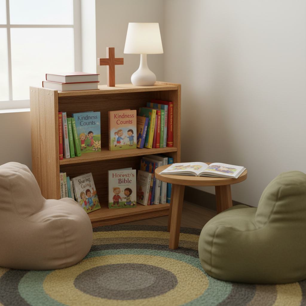 A dedicated Bible and character education corner in a quiet primary classroom, designed without any people, featuring a small wooden bookshelf with neatly arranged children’s Bibles and value-based storybooks. A simple wooden cross stands on the top shelf beside a soft-glow table lamp with a cream shade. Nearby, a circular rug with gentle earth tones anchors cozy beanbag chairs and a low side table with a single open book. Soft, warm artificial lighting mixes with faint natural light from a nearby window, producing a serene, reflective atmosphere. Photographic realism at a close, eye-level composition focuses on textures of fabric, wood, and paper, communicating Christian values and moral development.