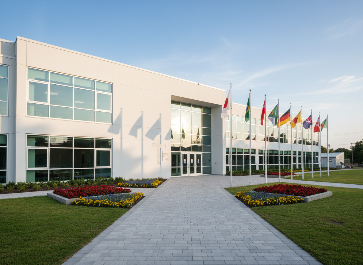 A bright, modern international school entrance plaza without people, featuring a contemporary two-story building with clean white walls, large glass windows, and a subtle cross integrated into the architecture near the main doorway. Colorful flags from various nations line a neat walkway of light gray pavers, leading past manicured green lawns and low flower beds. Soft late-morning sunlight creates crisp, realistic shadows along the facade and highlights the reflective glass. Captured at eye level in photographic realism, the composition uses the rule of thirds, with the building slightly off-center and the sky a clear soft blue, conveying a welcoming, professional Christian learning environment.