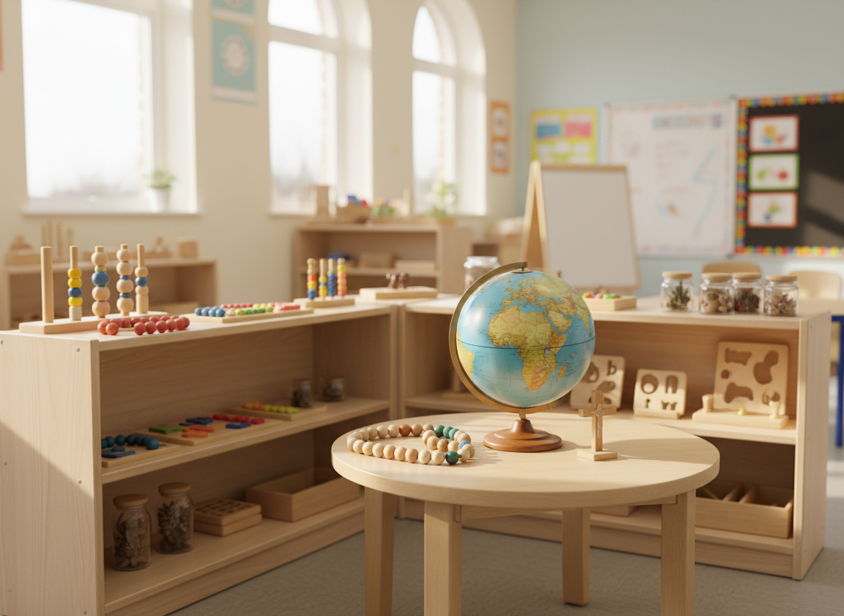 An early learning discovery center in a corner of a classroom, without any children present, showcasing low wooden shelves with tactile learning materials: smooth counting beads, textured letter tiles, simple puzzles, and nature specimens in clear jars. A large world globe sits on a sturdy child-height table beside a small wooden cross, suggesting global Christian perspective. Soft morning sunlight filters through nearby windows, producing gentle highlights on glossy surfaces and warm tones in the wood. Photographic realism, captured from a child-height perspective with a shallow depth of field, emphasizes the inviting, hands-on materials while softly blurring the background of the classroom.