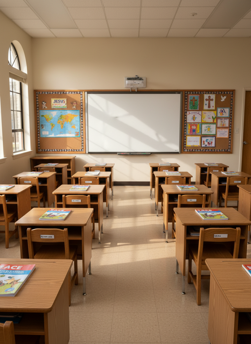 A primary classroom scene without students, showcasing individual workstations aligned in neat rows, each with a small wooden desk, a tidy stack of ACE curriculum booklets, and a labeled cubby beneath. A large whiteboard at the front is spotless, framed by a cork bulletin board displaying world maps and age-appropriate artwork. Natural afternoon light streams through tall side windows, creating gentle highlights on the glossy desk surfaces and soft shadows along the tiled floor. Photographic realism at eye level emphasizes order and focus, with the composition leading the eye from the front board to the back of the room, reflecting a disciplined, nurturing Christian academic setting.