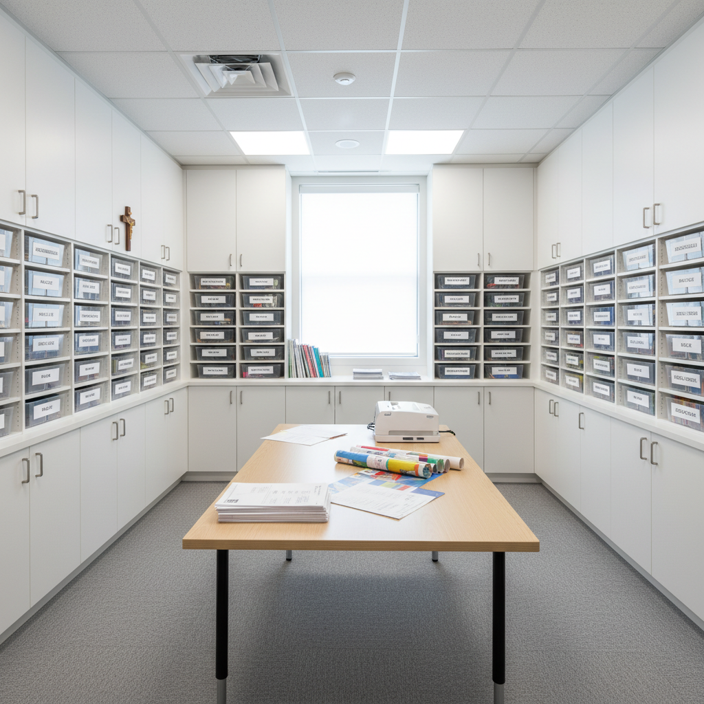 A well-organized resource room for teachers at an international Christian school, empty of people, with tall white cabinets, labeled bins of ACE curriculum materials, and a central worktable holding a laminator and neatly stacked worksheets. A large window along one wall lets in diffused daylight, illuminating the subtle texture of the matte white cabinetry and the smooth, light-wood tabletop. On one shelf, a small framed cross motif adds a quiet spiritual touch. Photographic realism with a wide-angle lens captures the entire space in crisp detail, creating a professional, efficient atmosphere that supports structured, individualized learning for early and primary students.