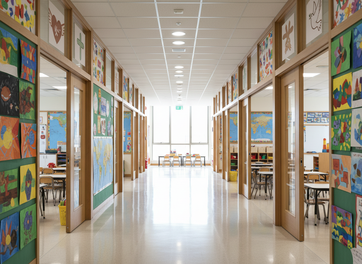 A bright corridor inside an international school, devoid of people, lined with classroom doors featuring glass panels that reveal tidy learning spaces within. Along the hallway walls, display boards show colorful, abstract student work and world maps, while small, non-textual icons symbolizing Christian values appear in framed artwork. The polished floor reflects overhead recessed lighting, which mixes with soft daylight entering from a window at the far end, drawing the eye down the passage. Photographic realism at eye level, with strong leading lines, creates a sense of order, safety, and global community appropriate for a Christian international primary school.