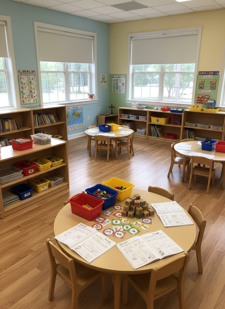 An inviting early learning classroom with no people, filled with low wooden bookshelves, child-sized tables, and neatly arranged learning stations inspired by the ACE School of Tomorrow program. Laminated activity cards and workbooks are carefully spread on a main table, alongside bright storage bins and wooden alphabet blocks. Sunlight filters through wide windows with simple white blinds, casting soft, diffused light across a polished laminate floor and pastel-colored walls. Photographic realism, shot from a slightly elevated angle, captures the entire room in sharp focus, with colorful educational posters and a small cross on a side shelf subtly reinforcing Christian values in a calm, organized atmosphere.
